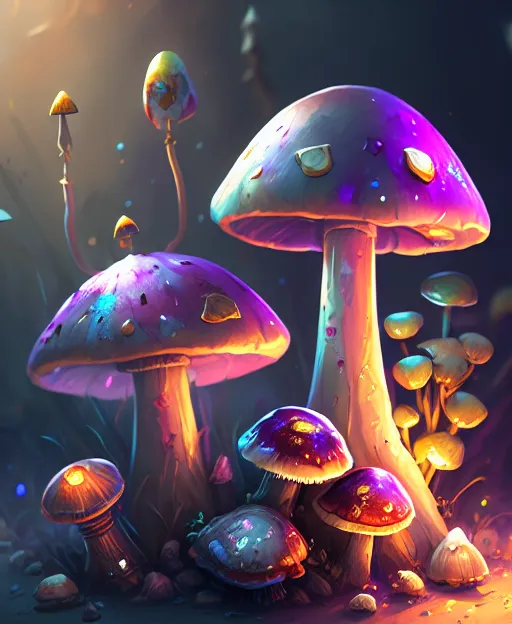 L'image est une photo d'un groupe de champignons dans une forêt. Les champignons sont de tailles et de couleurs diverses, et ils brillent tous. Il y a un gros champignon violet au centre du groupe, et il est entouré de plus petits champignons de différentes couleurs. Les champignons sont tous éclairés par une lumière vive, qui provient du côté droit de l'image. La forêt est sombre et ombreuse, et les champignons sont les seuls éléments visibles. L'image est très belle et elle ressemble à quelque chose tiré d'un conte de fées.