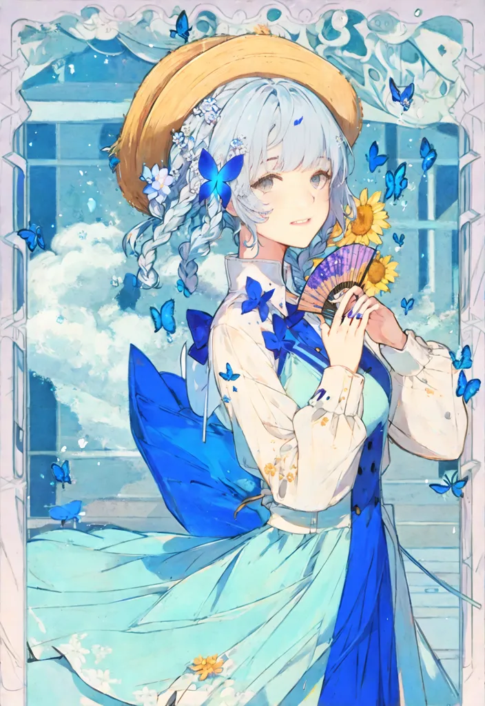 The image is a painting of a young woman with long blue hair and blue eyes. She is wearing a white dress with a blue sash and a straw hat with blue flowers and a blue ribbon. She is holding a sunflower and there are butterflies flying around her. The background is a blue sky with white clouds. The painting is in a realistic style and the colors are vibrant and bright.