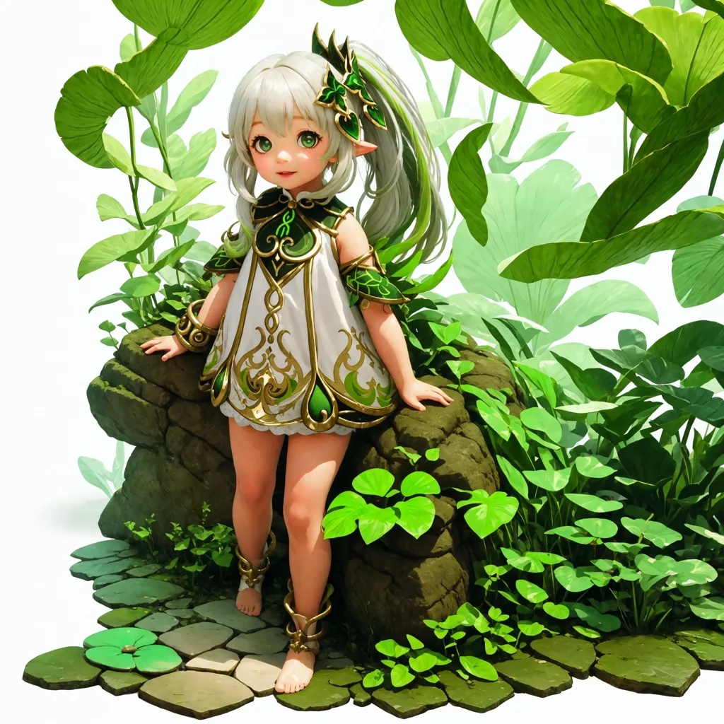 The image is a digital painting of a small, green-haired girl in a white and green dress with a leaf-like pattern. She is standing on a rock in a lush, green forest. The girl has long, pointed ears and green eyes, and she is wearing a circlet of leaves in her hair. She is barefoot, and her feet are bare. The girl is smiling and looking at the viewer. The painting is done in a realistic style, and the colors are vibrant and lifelike. The background is a blur of green leaves, and the girl is the only thing in focus. The painting is very detailed, and the girl's skin, hair, and clothes are all rendered beautifully. The painting is also very atmospheric, and the viewer can almost feel the warm sun and the smell of the forest.