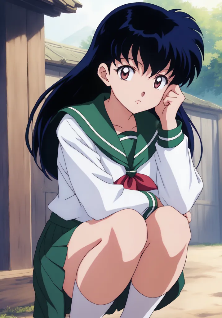 The image shows a young girl with long black hair, brown eyes, and a fair complexion. She is wearing a white blouse, a green skirt, and a red tie. She is sitting on the ground with her knees drawn up to her chest and her chin resting on her hand. She has a thoughtful expression on her face. In the background, there is a traditional Japanese house with a wooden fence to the side.