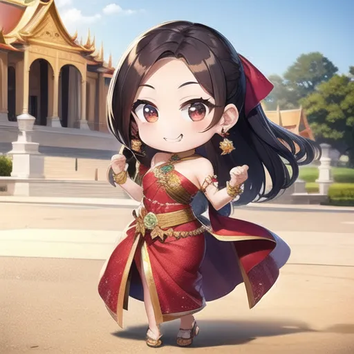 La imagen muestra a una chica estilo anime chibi con cabello negro largo y ojos marrones. Lleva un vestido tradicional tailandés rojo y dorado con una faja blanca y un tocado rojo y dorado. También lleva pendientes y un collar de oro. Está de pie frente a un templo tailandés con una expresión feliz en su rostro.