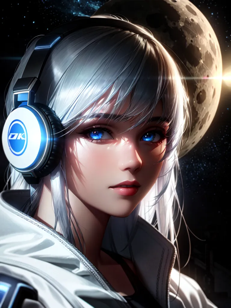 The picture shows a young woman with long white hair and blue eyes. She is wearing a white spacesuit with a blue collar and a pair of headphones. There is a large moon in the background.