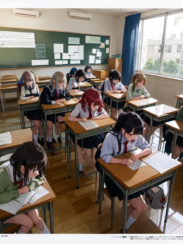 この画像は、高校生の女子生徒たちの教室を示しています。生徒たちはみな同じ学校の制服を着ています。制服は白いブラウス、黒いスカート、赤いネクタイで構成されています。生徒たちは全員机に座り、試験を受けているようです。教室には、ポスターやチャートが飾られ、前面には黒板があります。生徒たちはさまざまな姿勢で座っており、表情も異なっています。試験用紙を見つめる生徒もいれば、教室内を見回す生徒もいます。笑顔の生徒もいれば、しかめ面の生徒もいます。この画像は、試験中の生徒たちの様々な感情を捉えた、典型的な教室のシーンを表しています。