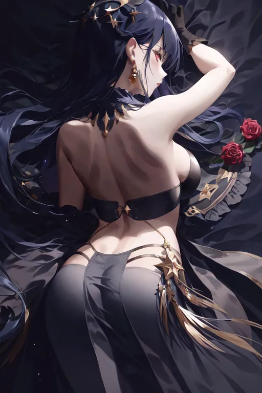 The image is of a beautiful woman with long black hair and red eyes. She is wearing a black dress with a low-cut back and a high slit. She is lying on a bed of black roses. The background is dark and shadowy. The woman's expression is one of pleasure and satisfaction. She is enjoying her own beauty and power. The image is both sensual and elegant. It is a celebration of the female form and the power of seduction.