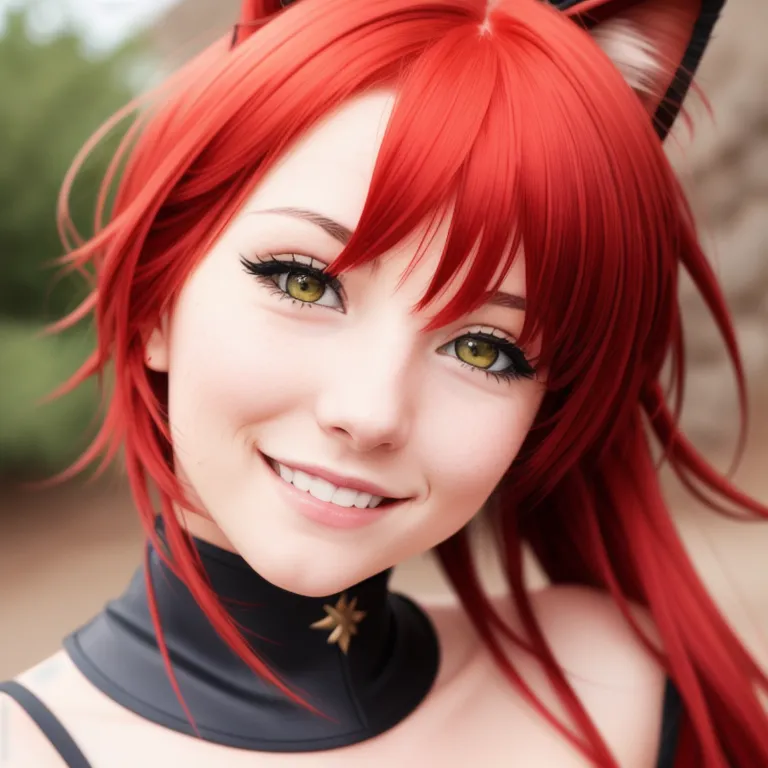 The picture shows a young woman with waist-length, bright red hair. Her eyes are a light gold color, and she has a warm smile on her face. She is wearing a black choker with a gold star in the center. The background is blurred, but it looks like she is standing outside.