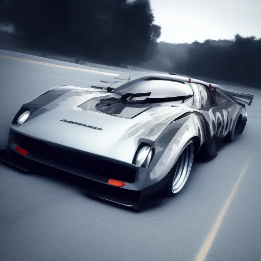 The image shows a silver sports car with a futuristic design. It has a long hood and a short trunk, with a large spoiler on the back. The car is also very wide, with large wheels and tires. The car is parked on a road, surrounded by trees.