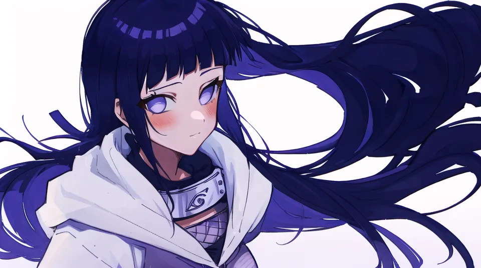 這是動畫系列《火影忍者》中角色日向雛田的圖像。她有着長長的深藍色頭髮、蒼白的膚色和紫色的眼睛。她穿着白色和紫色的服裝,還有一條紫色的圍巾。她臉上帶着溫和的微笑,目光向左側。背景是純白色的。