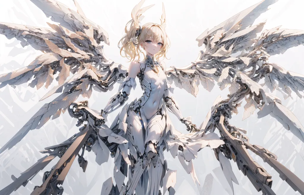 The image is a digital painting of a young woman with long blonde hair and blue eyes. She is wearing a white bodysuit with a metallic sheen and has large, white, mechanical wings. The wings are made up of many small, interlocking pieces and look like they are made of metal or bone. The woman is standing in a defiant pose, with her arms outstretched and her head held high. She looks like she is ready to fight. The background is a pale grey.