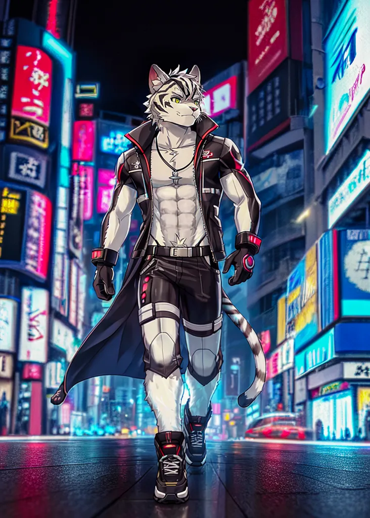 A imagem é uma pintura digital de um tigre branco musculoso furry em uma jaqueta e calças de couro preto, com acentos azuis brilhantes em seu traje. Ele está caminhando por uma rua da cidade à noite, com as luzes da cidade refletindo em seu pelo e traje. O fundo é uma paisagem urbana desfocada com luzes de néon e placas.