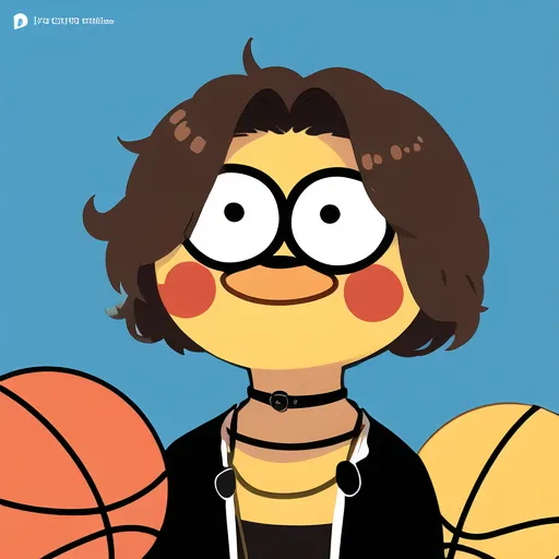 Esta é uma imagem de um pato com cabelo castanho e óculos. Ele está usando uma camisa preta com um colarinho branco e tem um choker preto. O pato está segurando três bolas de basquete, uma embaixo do queixo e uma em cada asa. O fundo é azul.