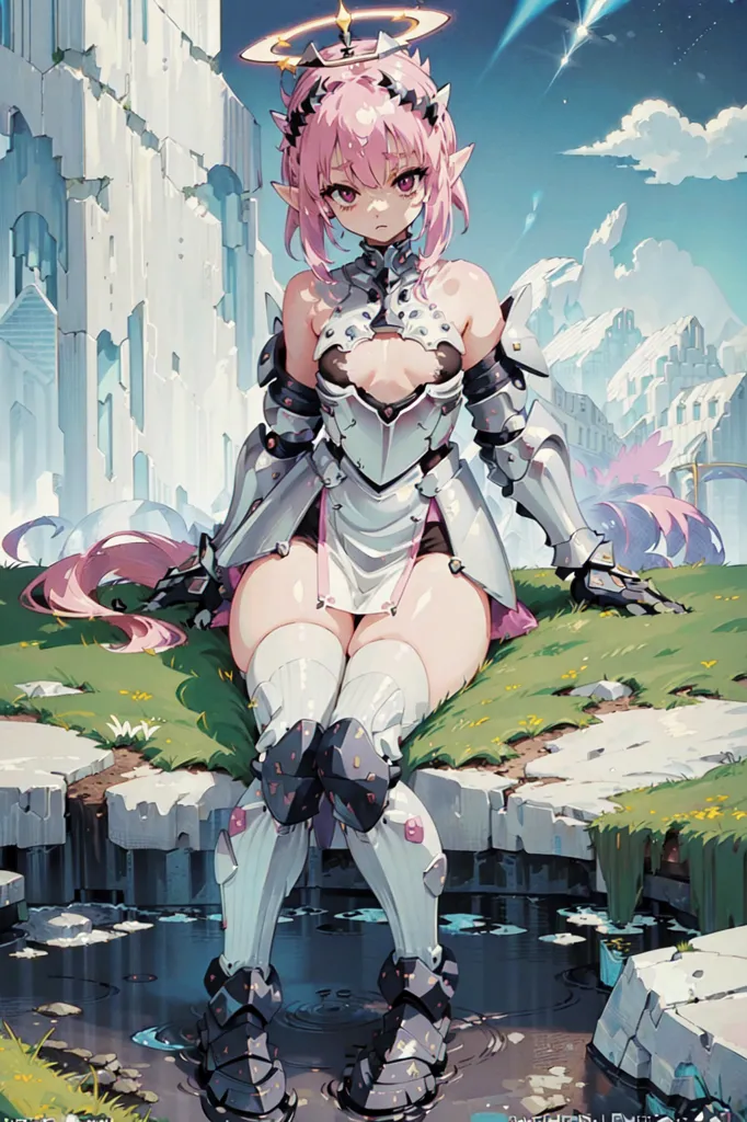 The image is of an anime girl with pink hair and purple eyes. She is wearing a white and pink armor with a large metal halo above her head. She is sitting on a broken stone pillar in a field with large white ruins in the background. There is water at her feet.