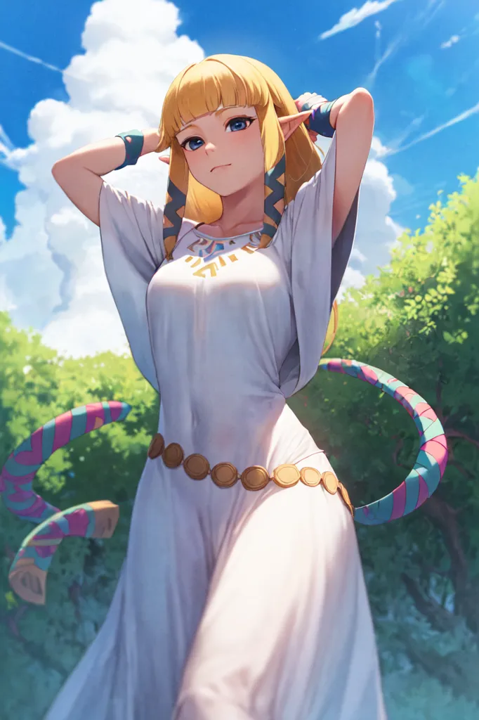 The image is of a young woman with long blonde hair and blue eyes. She is wearing a white dress with a gold belt and green and pink ribbons in her hair. She is standing in a field of grass with trees in the background. The sky is blue and there are white clouds. The woman is smiling and has her arms raised in the air. She is wearing a necklace with a green gem in the center. Her dress is sleeveless and has a low neckline. She is barefoot. The image is drawn in a realistic style.