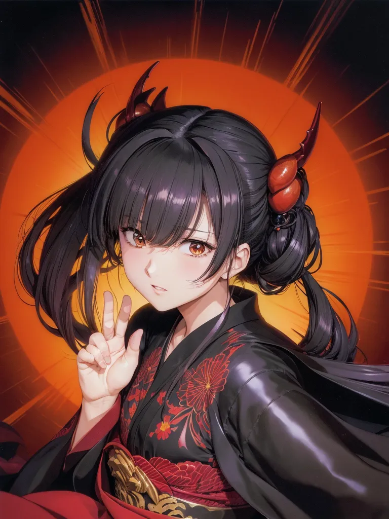 The image is a portrait of a young woman with long black hair and red eyes. She is wearing a traditional Japanese kimono with a red and white floral pattern. The kimono is tied with a golden obi sash. She has two red horns protruding from her head and a pair of matching red earrings. The background is a bright orange color.