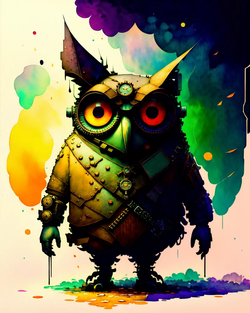 The image is a colorful illustration of a steampunk owl. The owl is standing on a perch in front of a colorful background. The owl is made of metal and has a clock for a face and various gears and cogs attached to its body. The owl is also wearing a hat and has a pair of goggles on its head. The image is in a cartoon style and has a whimsical feel to it.