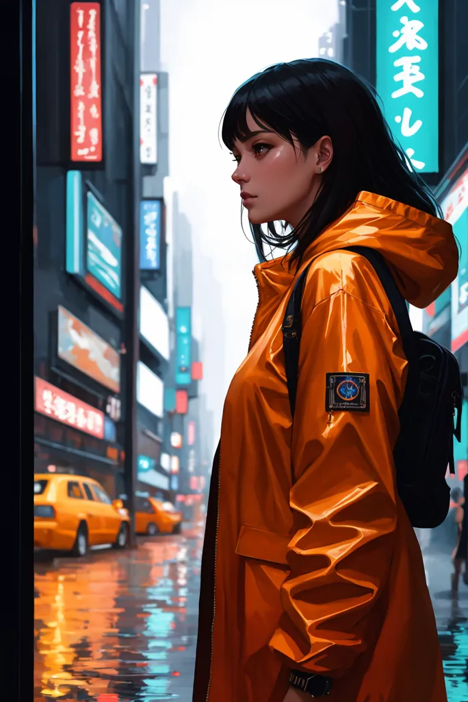 A young woman is standing in a rainy street. She is wearing an orange raincoat and a backpack. She has her hood up and her hair is wet. She is looking down at the ground as the rain falls around her. The street is empty except for a few cars. The buildings are tall and the lights are reflected in the puddles on the ground.