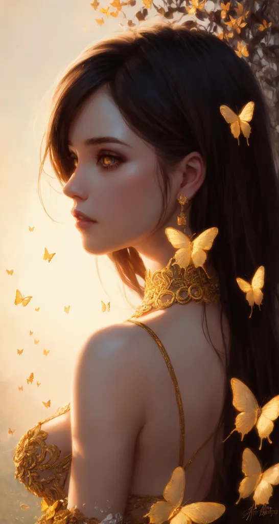 This is an image of a beautiful woman with long, dark hair. She is wearing a gold necklace and a gold dress. There are butterflies in her hair and around her neck. The background is a soft, golden color. The woman's eyes are dark and mysterious. She is looking to the right of the frame, which is an unusual angle for a portrait. This suggests that she is either lost in thought or looking at something off-camera. The butterflies are a symbol of beauty and transformation. They are also associated with the soul and the afterlife. The woman's connection to the butterflies suggests that she is in a state of transition or transformation.