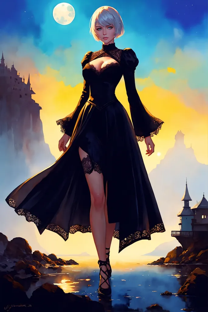 The image is of a woman in a black dress with a white collar. The dress has a high slit, showing off her legs. She is wearing black stockings and black shoes. Her hair is white and short. She is standing on a rocky shore, with a castle in the background. The moon is full, and there are clouds in the sky. The water is calm.