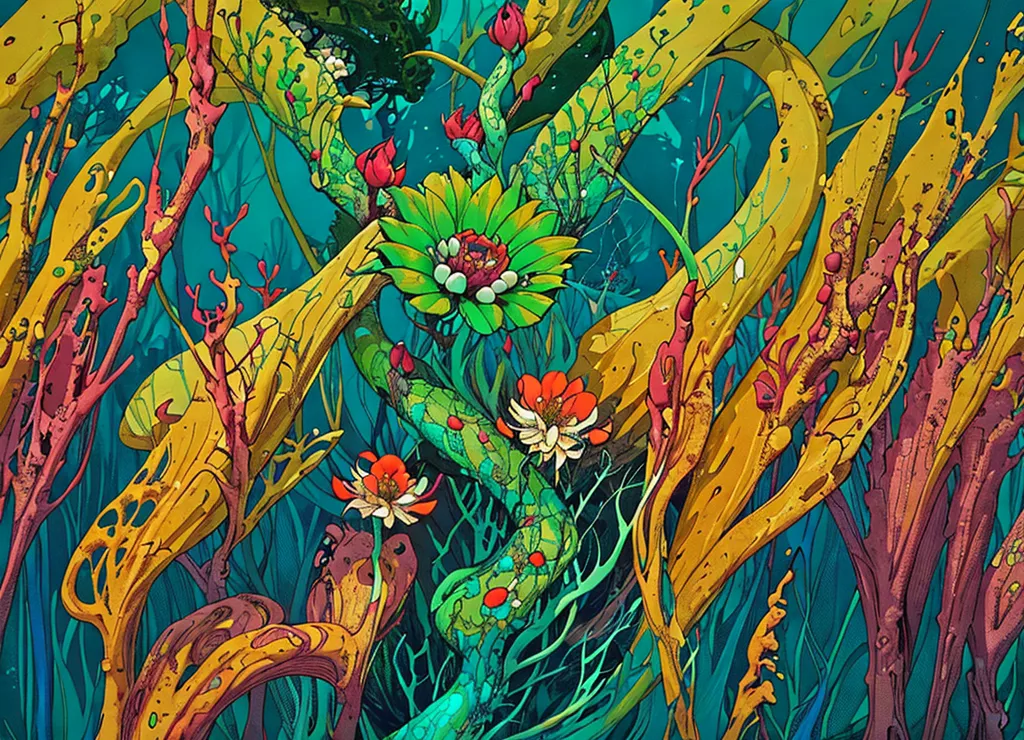 A imagem é uma pintura digital de uma selva exuberante e densa. As plantas têm formas e tamanhos diferentes, e estão todas entrelaçadas umas às outras. As cores são vibrantes e saturadas, e o efeito geral é de exuberância e abundância. A pintura tem um caráter onírico e parece captar a essência da selva em toda a sua beleza e mistério.