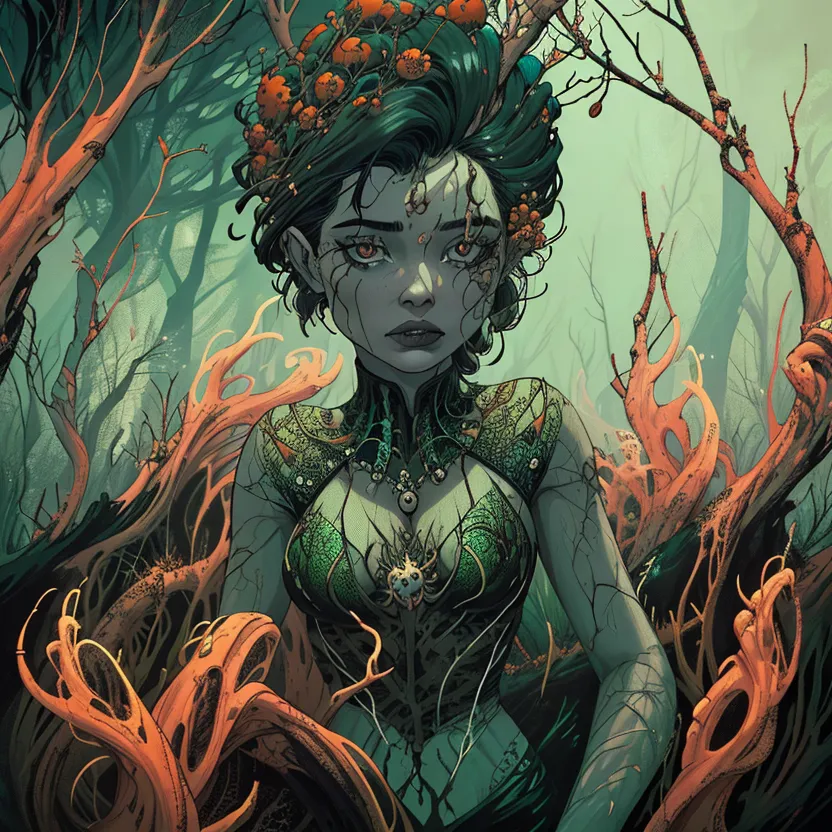 Cette image représente une femme à la peau verte avec des cheveux foncés et des yeux orange. Elle porte une robe verte et brune avec un motif ressemblant à des feuilles. Elle porte également un collier fait d'os et une couronne de champignons orange. Elle se tient debout dans une forêt, et il y a deux grandes branches orange devant elle. L'arrière-plan est un flou vert foncé.