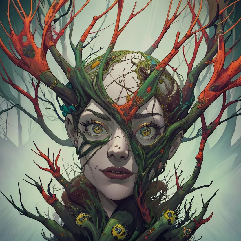 L'image est un portrait d'une femme avec des branches d'arbre qui poussent de sa tête. Les branches sont rouges et orange, tandis que la peau de la femme est verte. Les yeux de la femme sont jaunes et elle a un petit sourire sur le visage. L'arrière-plan de l'image est une forêt et les arbres sont dénudés. L'image est à la fois belle et inquiétante, et elle évoque un sentiment de mystère et de merveille.