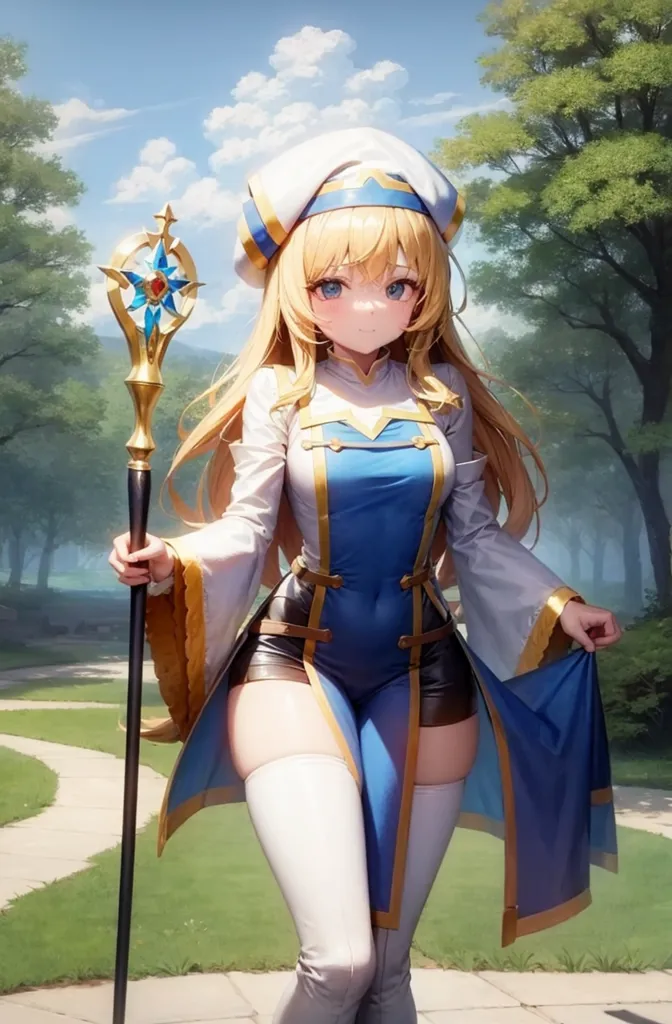 The image is of a young woman with long blonde hair and blue eyes. She is wearing a white and blue outfit with a long white cape. She is also wearing a hat with a blue brim and a white feather. She is carrying a staff with a blue orb on the end. She is standing in a forest and there is a stone path to her left.