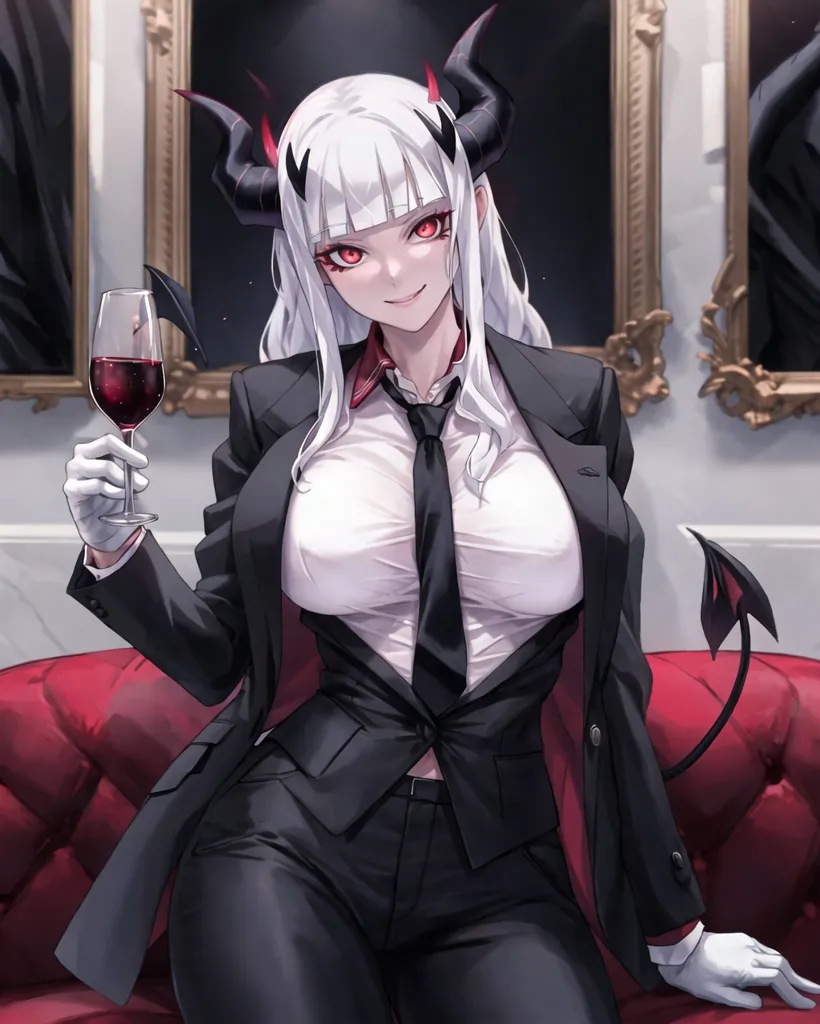 The image is of a beautiful woman with long white hair, red eyes, and black horns. She is wearing a black suit and tie. She is sitting on a red velvet chair and is holding a glass of red wine. She has a confident and seductive expression on her face. The background is of a dark room with a red velvet curtain.