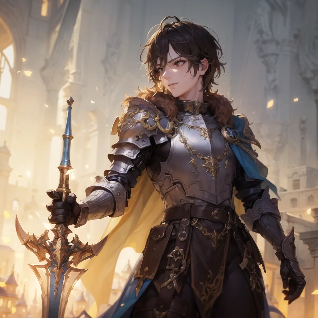 This is an image of a young man with short brown hair and brown eyes. He is wearing a suit of armor that is black and gold. He is also wearing a blue cape. He is holding a sword in his right hand. He is standing in a ruined city. There are buildings and pillars in the background. The sky is light blue with white clouds.