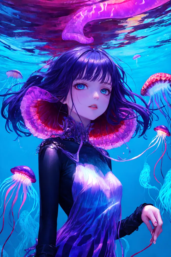 La imagen es una pintura de una chica con medusas. La chica se representa como una mujer joven con el pelo largo y ondulado de color púrpura y ojos azules. Lleva un vestido negro con un cuello blanco. Las medusas se representan como criaturas coloridas y translúcidas con largos tentáculos ondulantes. Se muestran nadando alrededor de la chica e interactuando con ella. La pintura se ambienta en un entorno submarino, con la chica y las medusas rodeadas de un mar azul profundo. El tono general de la pintura es de belleza y tranquilidad.