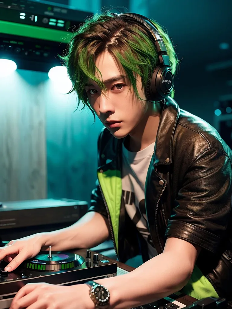 This is a picture of a young man with green hair and brown eyes. He is wearing a black leather jacket, a white t-shirt, and headphones. He is standing in front of a turntable, and he has one hand on the turntable and the other hand on a knob. He is looking at the camera. There are green lights in the background.