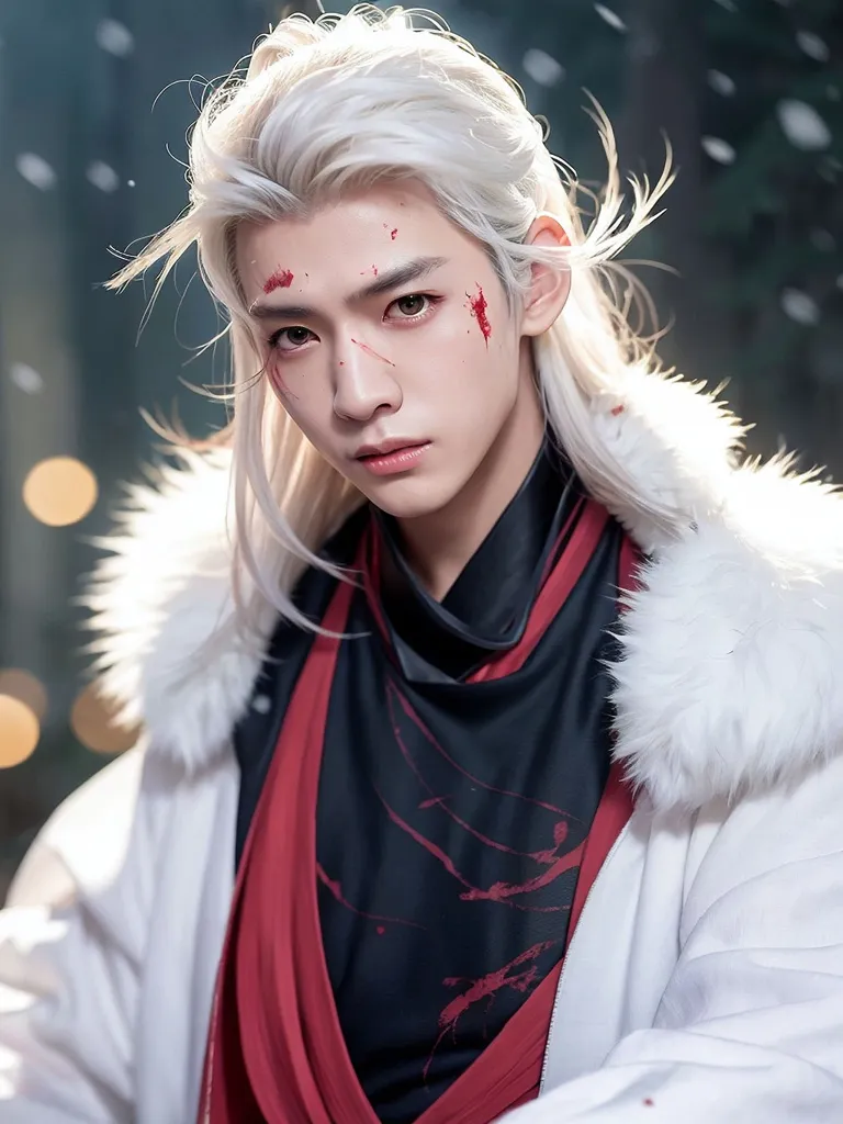 The image contains a portrait of a young man with long white hair and brown eyes. He is wearing a white fur-lined coat and a red scarf. His face is pale and there are some bloodstains on his cheeks. He is looking at the camera with a serious expression. The background is blurred and there are some snowflakes falling.