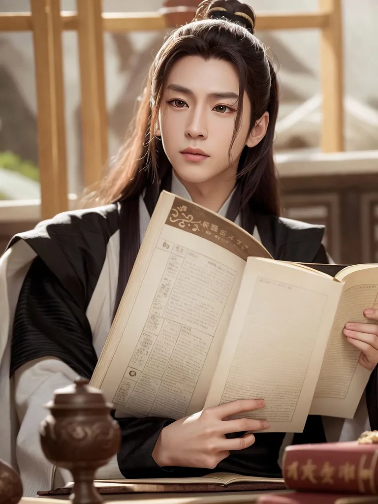 The picture shows a young man in ancient Chinese clothing. He has long black hair and brown eyes. He is wearing a white and black robe with a white sash tied around his waist. He is sitting at a desk reading a book. There is a stack of books on the table. The background is a Chinese-style building with wooden walls and lattice windows.