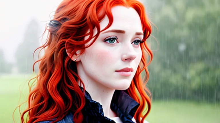 The image shows a young woman with long, curly red hair. She has fair skin and blue eyes. She is wearing a dark blue dress with a white collar. She is standing in a field, and it is raining. The raindrops are falling on her hair and face. She has a sad expression on her face.