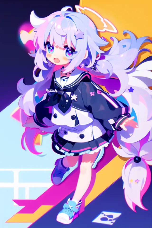 The image is an anime-style illustration of a girl with long purple hair and blue eyes. She is wearing a white and blue sailor-style outfit with a black jacket. She is also wearing a pair of white sneakers. The girl is standing on a yellow platform with bright lights and colorful shapes in the background.