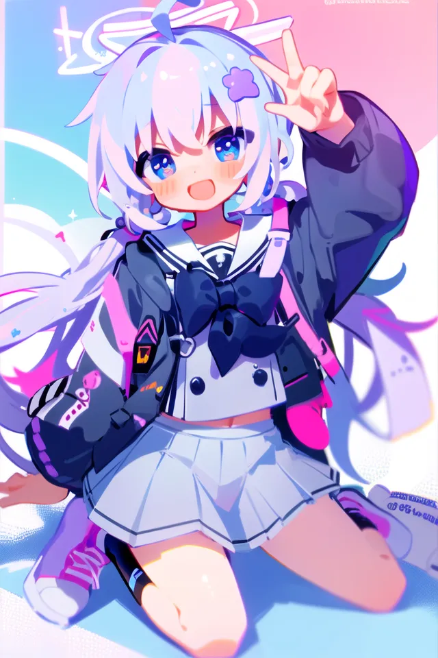 The image is of a young girl with white hair and blue eyes. She is wearing a white and blue sailor-style school uniform with a pink bow. She also has a black jacket with pink and white accents. She is sitting on a cloud and has a cheerful expression on her face. She is making a peace sign with her right hand. She has a pink and white bookbag on her right side and a small black creature with a pink bowtie on her left. The background is a gradient of light blue and pink.