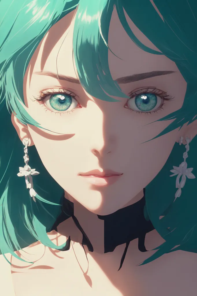 The image is a portrait of a beautiful woman with green hair and blue eyes. She is wearing a black choker with a white flower on it. The light is shining on her face, making her eyes look even more blue. She is looking at the viewer with a serious expression.