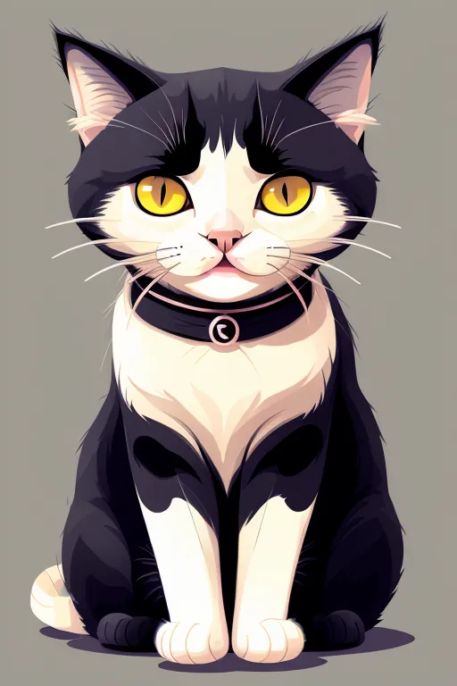 This is a cartoon image of a cat. The cat is sitting down and looking at the viewer. It has black and white fur, with a white belly and paws. The cat has yellow eyes and a pink nose. It is wearing a black collar with a crescent moon charm on it. The cat is sitting on a gray background.