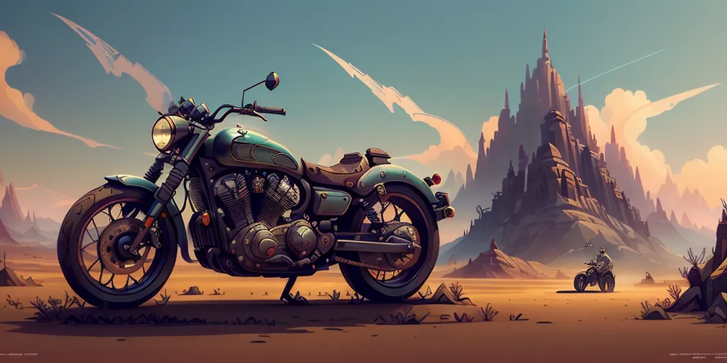 The image is a digital painting of a motorcycle in a desert landscape. The motorcycle is a blue chopper-style bike with a brown leather seat and saddlebags. There is a large rock formation in the background and a smaller rock formation to the right of the motorcycle. The ground is covered in sand and there are a few plants growing in the foreground. The sky is blue and there are some clouds in the distance. The painting has a warm, dusty atmosphere and it seems to be set in the American Southwest.