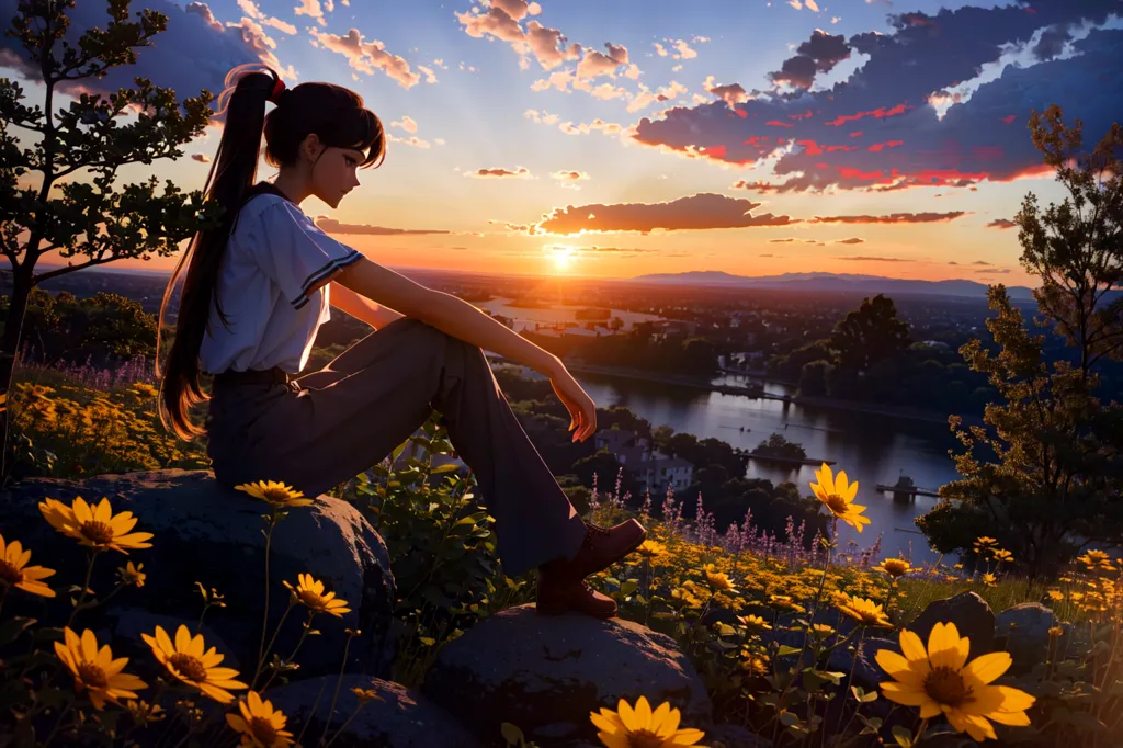 La imagen es un hermoso paisaje con un atardecer sobre un río. El cielo es un degradado de naranja, amarillo, rosa y azul, con nubes salpicando el cielo. El sol se está poniendo en el horizonte, proyectando un resplandor dorado sobre el río y la tierra. El río serpentea a través del valle, con árboles y vegetación bordeando las orillas. En el lado izquierdo de la imagen, hay una colina cubierta de flores amarillas, con una joven sentada sobre una roca, mirando el paisaje. Tiene el cabello largo y castaño y lleva una camisa blanca y pantalones vaqueros azules.