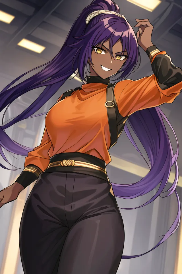 The image shows a young woman with long purple hair and brown skin. She is wearing a black turtleneck blouse with orange sleeves and black pants with a brown belt. She has a confident smile on her face and is looking at the viewer with her right hand on her hip and the other holding her hair. She is standing in a modern setting with a blurred background.