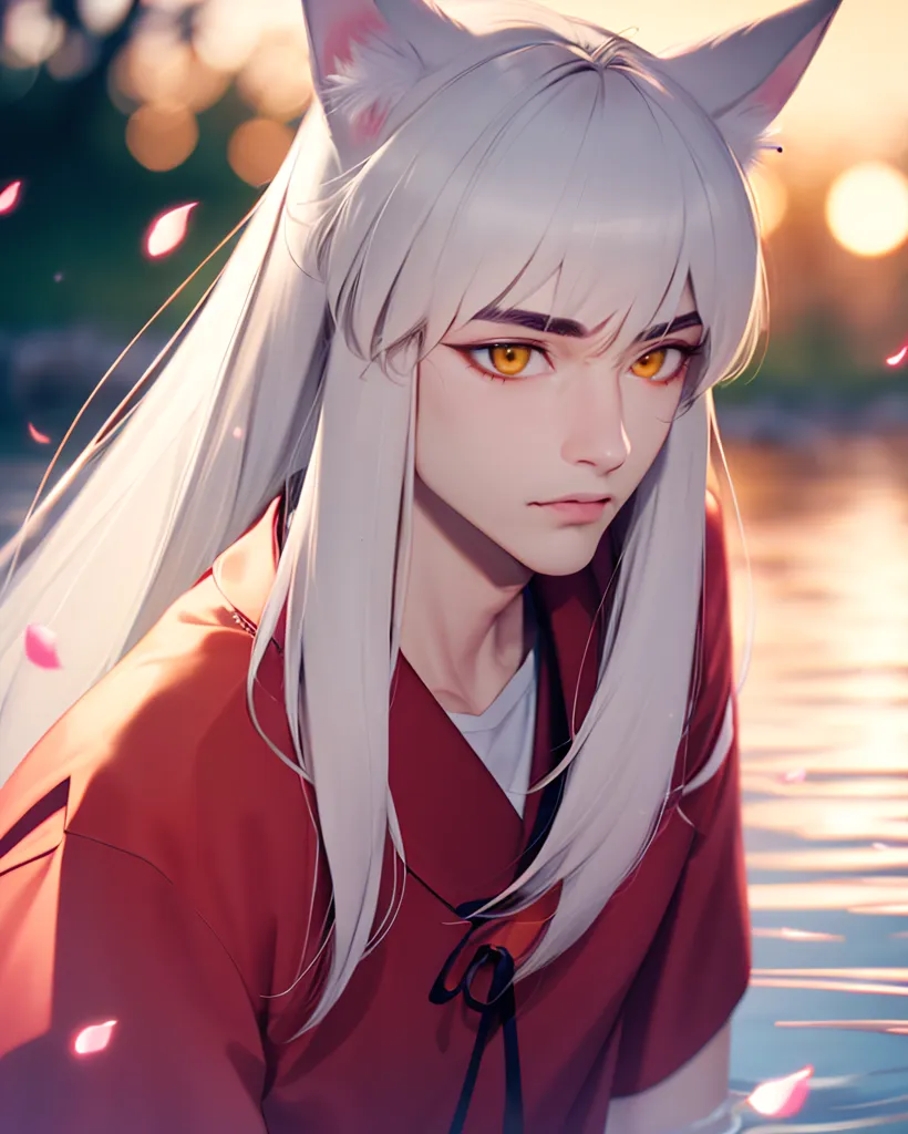 The image is of a young man with white hair and yellow eyes. He is wearing a red kimono with a white sash and has fox ears. He is sitting on a rock in a river, and there are cherry blossoms falling around him. The background is a blurred forest with a river running through it.