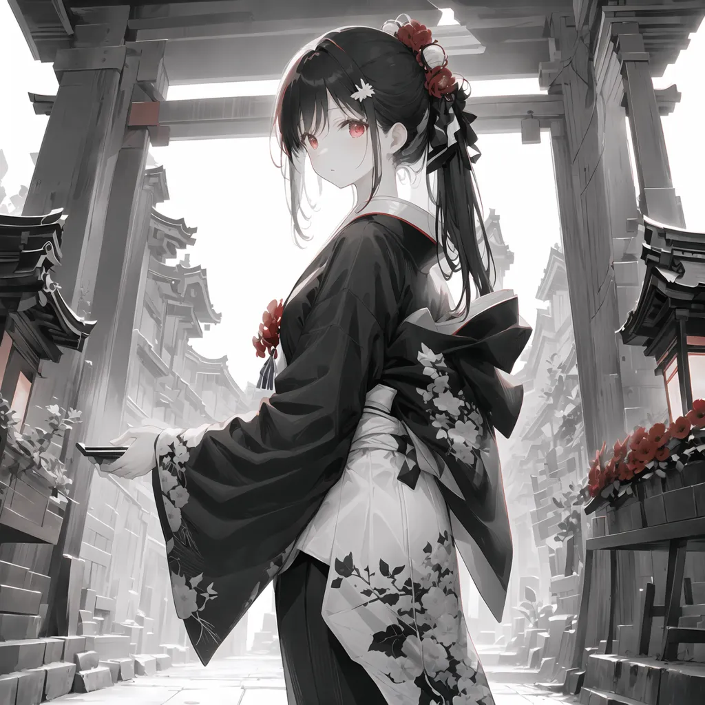 La imagen es una pintura de una mujer joven con un kimono. Ella está de pie en un patio tradicional japonés con una puerta roja en el fondo. La mujer lleva un kimono negro con diseños florales blancos y rojos. Tiene el cabello negro largo y ojos rojos. Está sosteniendo una bandeja con una taza de té. La pintura está hecha en un estilo realista y los colores son vibrantes y realistas.