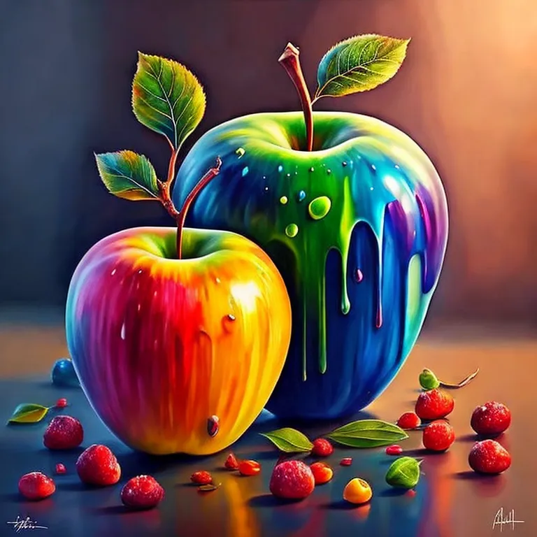 Esta es una pintura de dos manzanas. La manzana de la izquierda es roja, amarilla y naranja. La manzana de la derecha es azul y morada. Ambas manzanas tienen tallos y hojas verdes. También hay algunos frutos rojos y amarillos dispersos alrededor de las manzanas. El fondo es de un marrón oscuro. La pintura está hecha en un estilo realista.