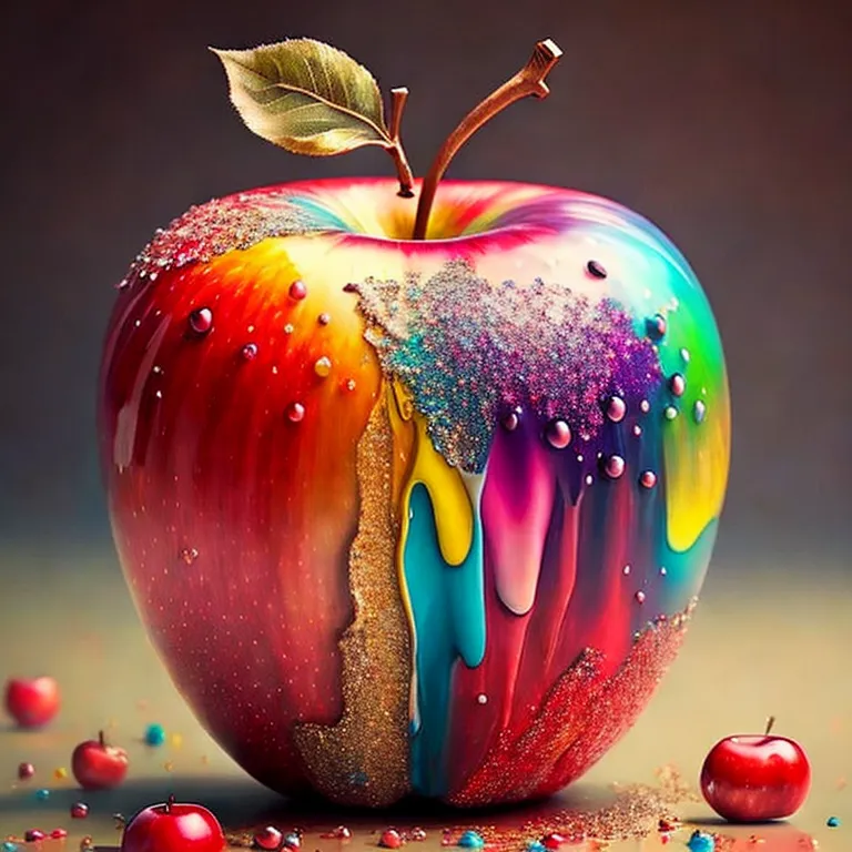 Esta es una imagen generada digitalmente de una manzana. Está cubierta de pintura brillante y brillante que gotea por los lados. La manzana está sentada sobre una superficie oscura y hay varias manzanas más pequeñas dispersas a su alrededor. La manzana también está cubierta de pequeñas hendiduras circulares.