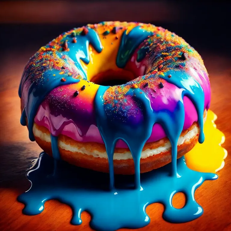 This image shows a doughnut with blue, purple, and pink icing on top. The icing is dripping down the sides of the doughnut. The doughnut is sitting on a table. The table is brown.