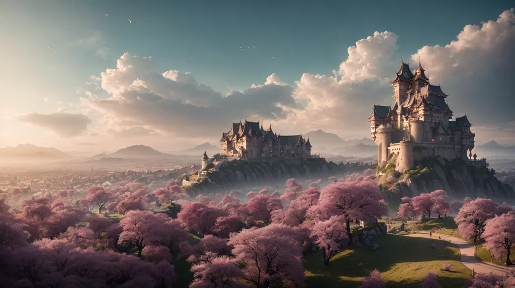 La imagen es un hermoso paisaje de un mundo de fantasía. Hay un castillo en una colina en medio de un bosque. El castillo está rodeado de árboles de cerezo en flor. Hay una cordillera al fondo. El cielo es azul y hay algunas nubes. El sol brilla. La imagen es muy pacífica y serena.