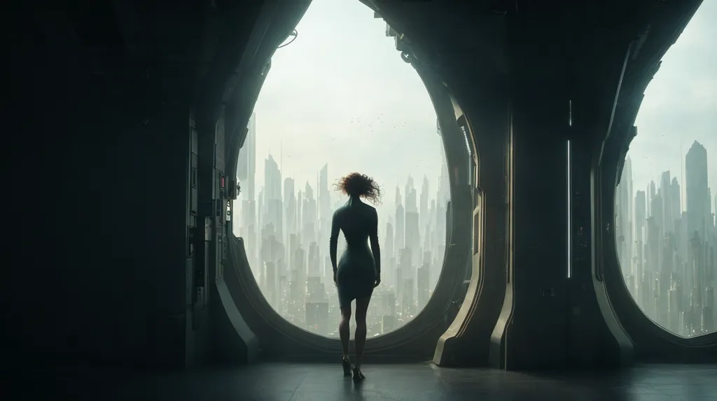 The image is a dark and futuristic cityscape. A woman in a green dress is standing in the center of the image, looking out at the city. The city is full of tall buildings and skyscrapers, and there are lights shining in the distance. The image is very atmospheric and has a real sense of mystery.