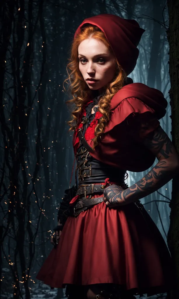 This image is of a young woman dressed in a red hooded cloak. The hood is pulled back to reveal her shoulder-length reddish brown hair. The cloak is trimmed with black fur. The woman is wearing a black bodice with a red skirt. The bodice is decorated with silver buttons. The woman has a tattoo on her right arm. She is standing in a dark forest. The trees are bare, and the ground is covered with snow. There is a full moon in the sky. The woman is looking at the viewer with a serious expression.