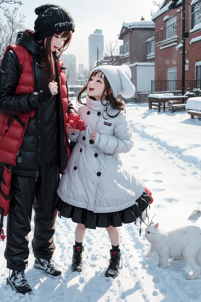 この画像には、雪の中に立っている2人のアニメの女の子が写っています。左側の女の子は、赤と黒のジャケット、黒のビーニー、黒のパンツを着ています。右側の女の子と手をつないでいます。右側の女の子は白いコート、白いビーニーに兎の耳がついたもの、黒いスカートを着ています。白いコートを着た女の子は目を閉じて微笑んでいます。赤と黒のジャケットを着た女の子は、彼女を優しく見つめています。彼女らの前には、雪の上に白い猫が座っています。背景は、雪に覆われた木々や建物のある、ぼやけた街の通りです。