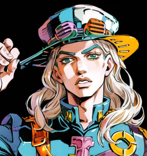 The image shows a man with blond hair and green eyes. He is wearing a blue hat with two pairs of goggles on it, a blue shirt with a pink ascot, and a brown bandolier. He has a serious expression on his face. He appears to be in a state of contemplation.