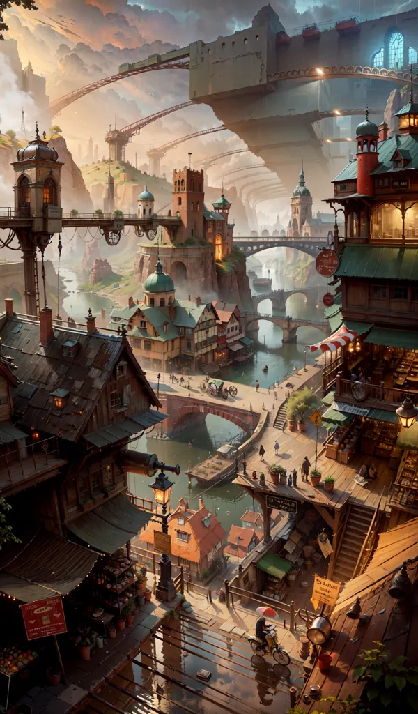 The image is a painting of a steampunk city. The city is built on a series of canals and bridges, and there are many tall buildings and towers. The buildings are made of a variety of materials, including wood, stone, and metal. There are many people walking around the city, and there are also a few boats on the canals. The sky is cloudy, and there is a hint of rain in the air.